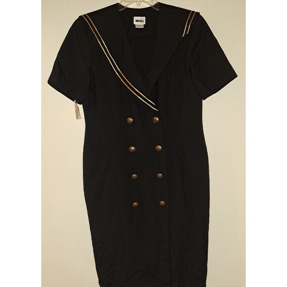 Vintage Leslie Fay Black Gold Trim Front‎ Button Sheath Sailor Style Dress Sz 12 - Picture 2 of 7